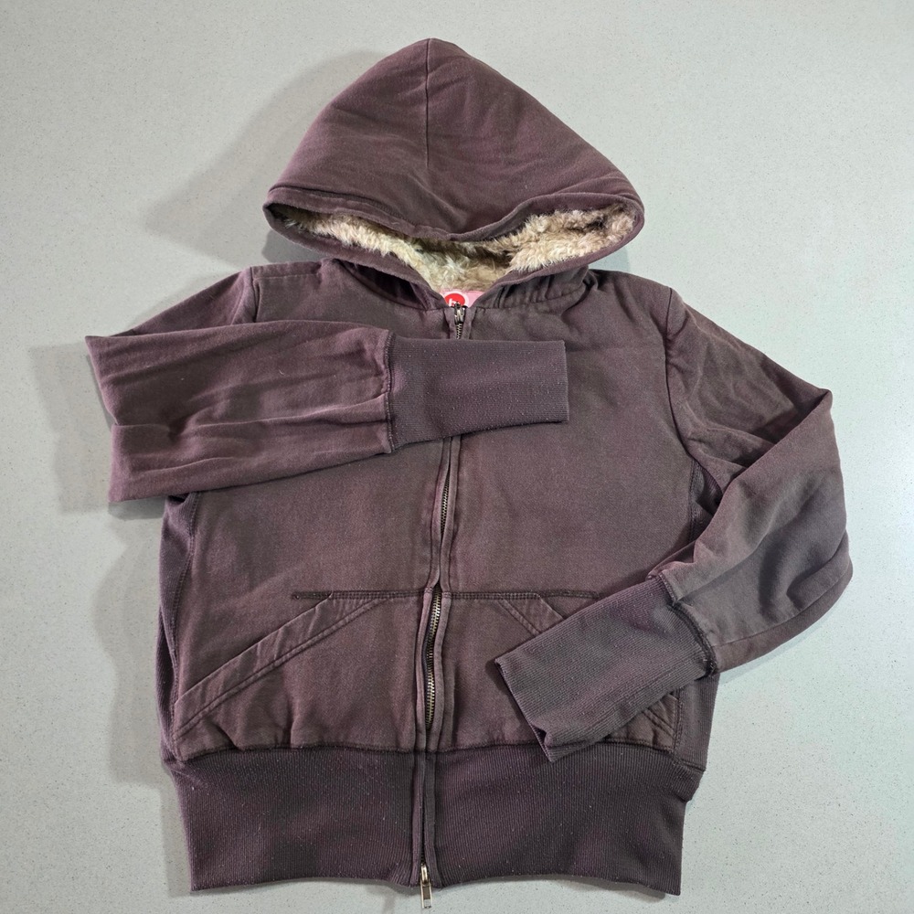 Deb Kids Brown Faux Fur Lined Zip Up Hoodie Long Ribbed Cuffs Size L